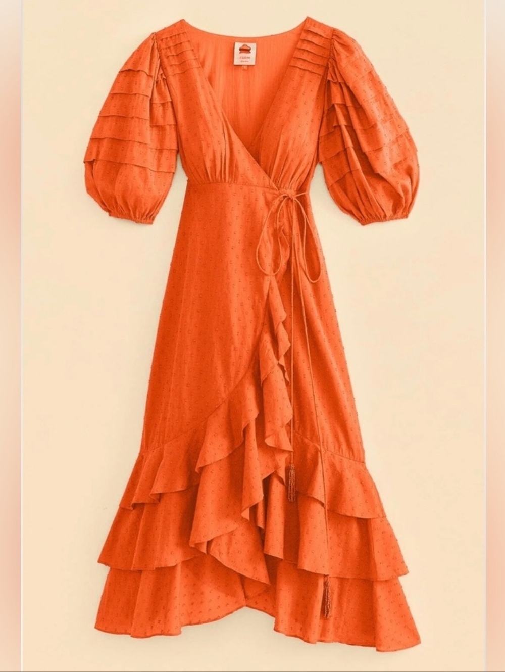Farm Rio Orange Ruffles Midi Wrap Dress Puff Sleeves Xl